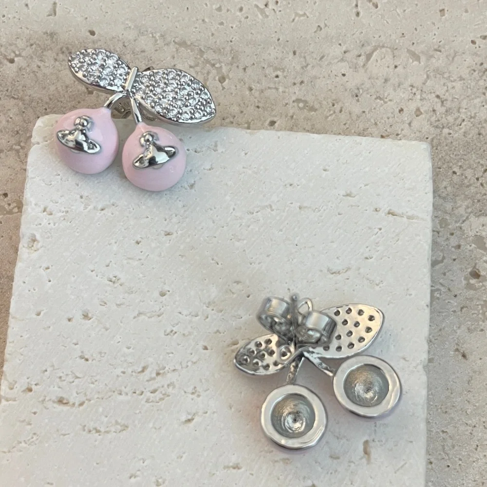 Vivienne Westwood Cherry Orb Earrings Pink Crystal Saturn Drop Earrings